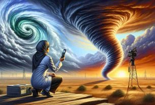 A detailed dynamic scene depicting a final tribute to a storm-chaser scientist. In the foreground, there should be a female Middle-Eastern scientist holding a weather device, looking intensely at a swirling storm on the horizon, conveying a sense of awe and respect. The background would consist of ominous, dramatic clouds forming a twister, symbolizing the passion and dedication of the storm-chaser. The setting is a vast plain, representing the typical environment where storms are chased. Prominent are the vivid and ferocious colours of the storm against a dimming, melancholy sunset.