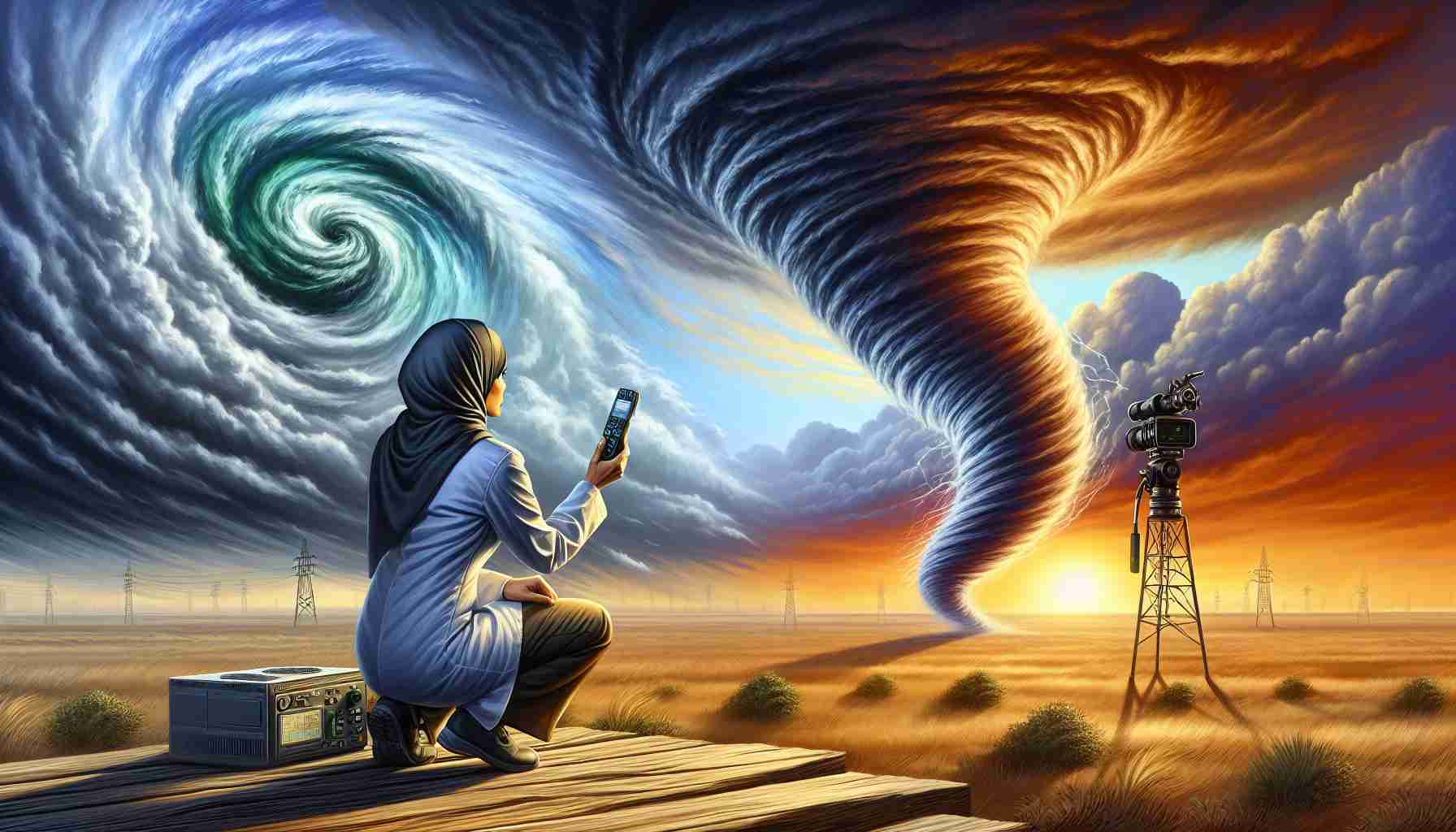 A detailed dynamic scene depicting a final tribute to a storm-chaser scientist. In the foreground, there should be a female Middle-Eastern scientist holding a weather device, looking intensely at a swirling storm on the horizon, conveying a sense of awe and respect. The background would consist of ominous, dramatic clouds forming a twister, symbolizing the passion and dedication of the storm-chaser. The setting is a vast plain, representing the typical environment where storms are chased. Prominent are the vivid and ferocious colours of the storm against a dimming, melancholy sunset.