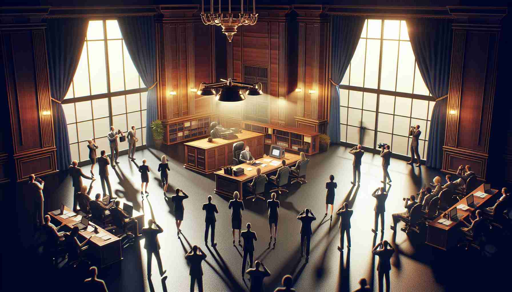 Construct a highly detailed and realistic image depicting the revealing scene of a local office hours mystery. The picture should capture the surprise and curiosity ignited by the unveiling of the secret, including the reactions of office employees. The office should be grand and distinct, designed in a contemporary style, filled with modern technology and elegant furnishings. Strong lighting should emphasize the dramatic atmosphere of the event.