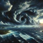 Create a high-definition, realistic image of a storm unlike any before seen ravaging the Caribbean. The storm carries an uncanny, almost other-worldly aura. The sky is filled with dark, swirling clouds, while tumultuous waters churn below. Anomalous features not typically observed in regular storms could be observed, hinting at its mutant nature. Tropical islands can be seen in the distance, battling against the raging elements. The setting sun in the horizon, casts an ominous glow over the region, highlighting the severity and dread of the situation.