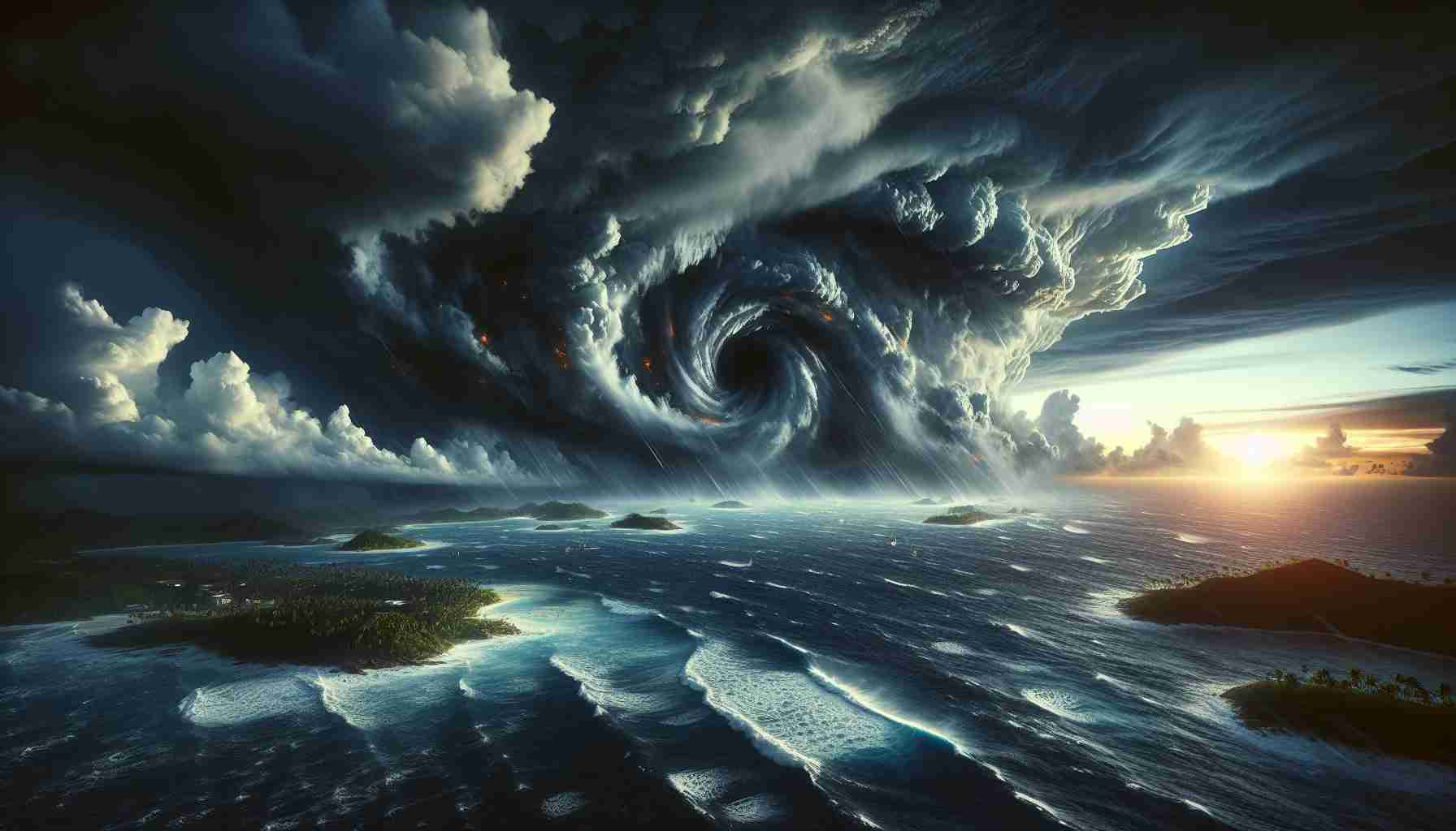 Create a high-definition, realistic image of a storm unlike any before seen ravaging the Caribbean. The storm carries an uncanny, almost other-worldly aura. The sky is filled with dark, swirling clouds, while tumultuous waters churn below. Anomalous features not typically observed in regular storms could be observed, hinting at its mutant nature. Tropical islands can be seen in the distance, battling against the raging elements. The setting sun in the horizon, casts an ominous glow over the region, highlighting the severity and dread of the situation.