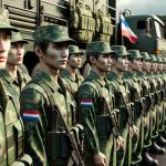 Realistic high-definition image of troops from an unspecified Asian country deployed to a large Eastern European country for joint military exercises. The troops are clad in green uniform and their faces reflect determination and readiness. They are patiently lining up in neat rows in front of a military truck, standing at ease but alert. A flag of their native country sways gently in the breeze overhead.