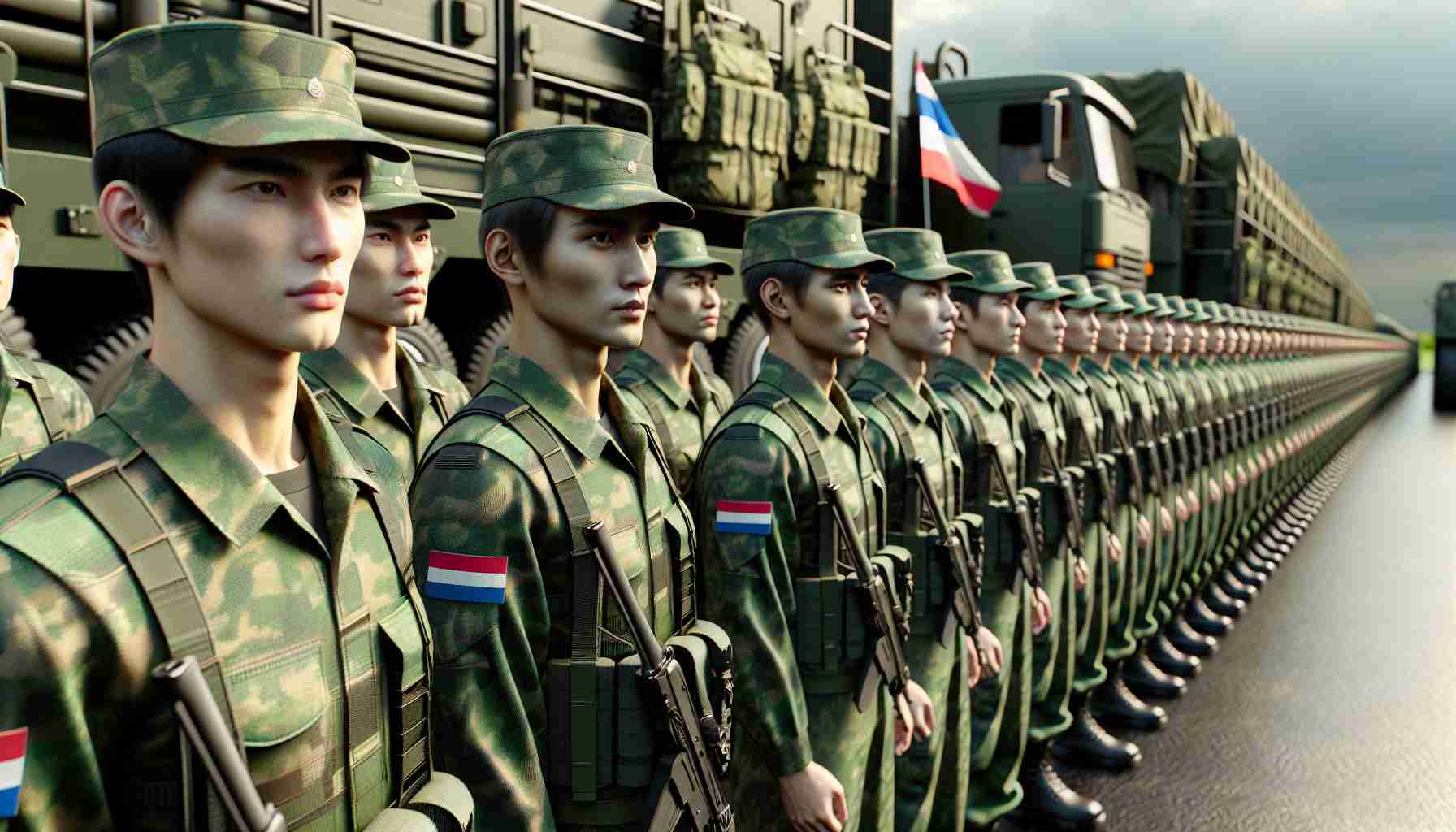 Realistic high-definition image of troops from an unspecified Asian country deployed to a large Eastern European country for joint military exercises. The troops are clad in green uniform and their faces reflect determination and readiness. They are patiently lining up in neat rows in front of a military truck, standing at ease but alert. A flag of their native country sways gently in the breeze overhead.