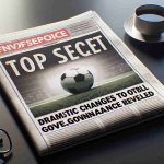 A realistic, high-definition image of a headline, 'Top Secret: Dramatic Changes to Football Governance Revealed.' The headline is featured prominently in bold letters on the front page of a broadsheet newspaper. The newspaper is laid flat on a polished desk with a cup of steaming coffee and a pair of reading glasses nearby.