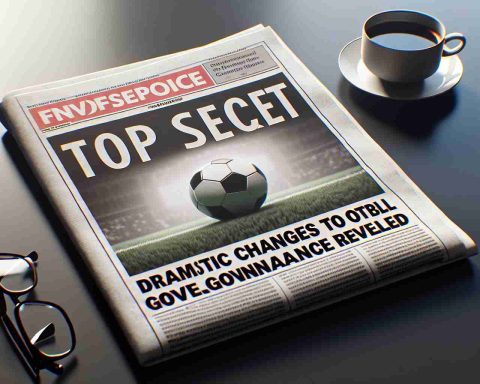 A realistic, high-definition image of a headline, 'Top Secret: Dramatic Changes to Football Governance Revealed.' The headline is featured prominently in bold letters on the front page of a broadsheet newspaper. The newspaper is laid flat on a polished desk with a cup of steaming coffee and a pair of reading glasses nearby.