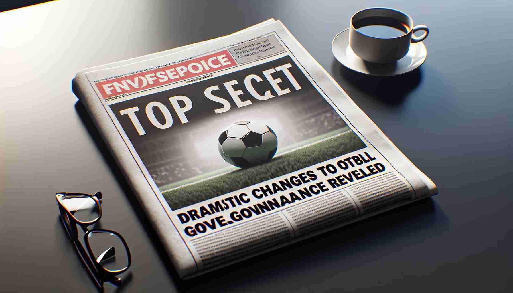 A realistic, high-definition image of a headline, 'Top Secret: Dramatic Changes to Football Governance Revealed.' The headline is featured prominently in bold letters on the front page of a broadsheet newspaper. The newspaper is laid flat on a polished desk with a cup of steaming coffee and a pair of reading glasses nearby.