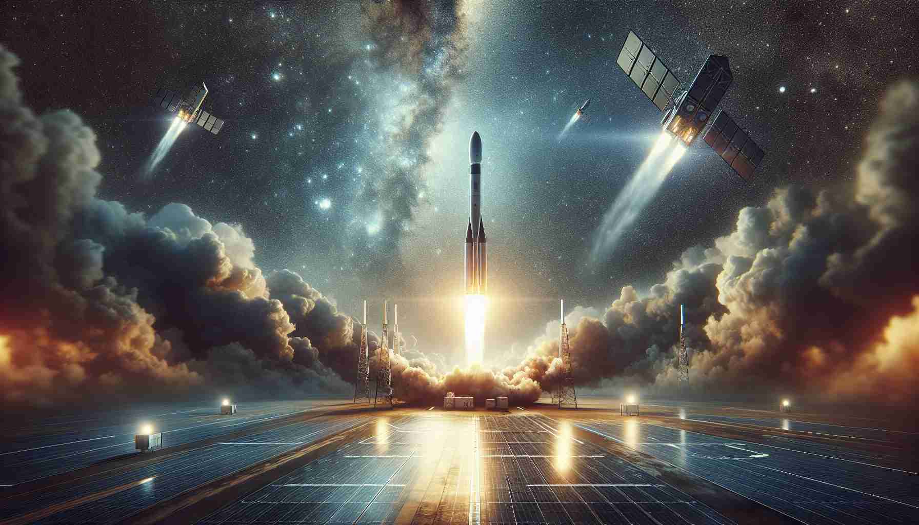 Generate a realistic, high-definition image portraying a momentous event in space technology: the launch of advanced satellites. This scene can depict a dramatic sky as the backdrop, the ground filled with anticipation as a spacecraft takes flight. The design of the rocket should represent innovative technology with a sleek, modern appearance. Around it, you can populate the frame with small advanced satellites ready for deployment into the orbit.