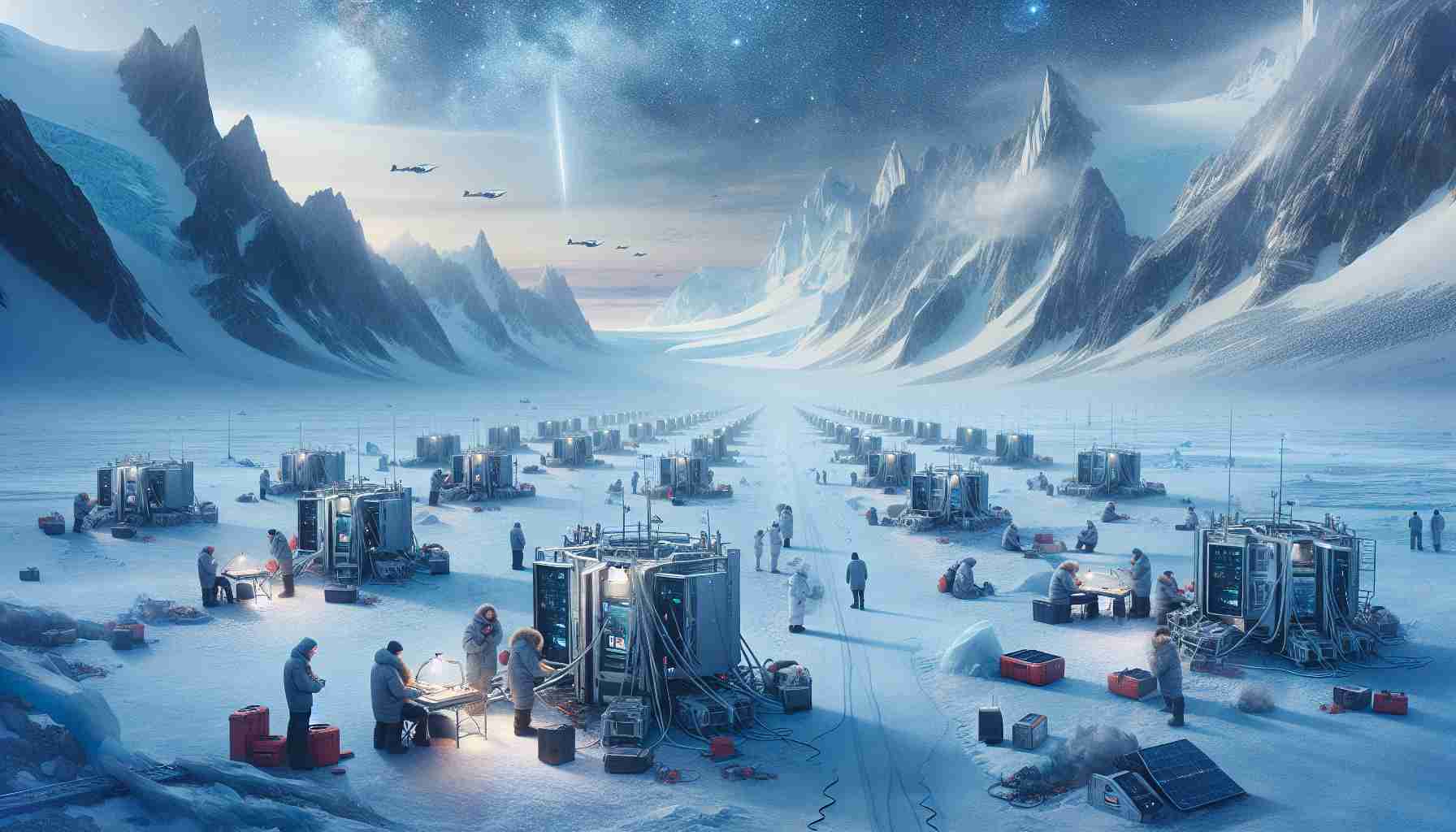 A high definition, realistic photograph showcasing the transformation brought about by Starlink terminals into Arctic research expeditions. The image should depict a remote, freezing Arctic landscape dotted with cutting-edge Starlink terminals. Scientists of diverse descents and genders are seen conducting research and expedition activities while using these advanced terminals, demonstrating the dramatic shift in how research is done in such extreme conditions.