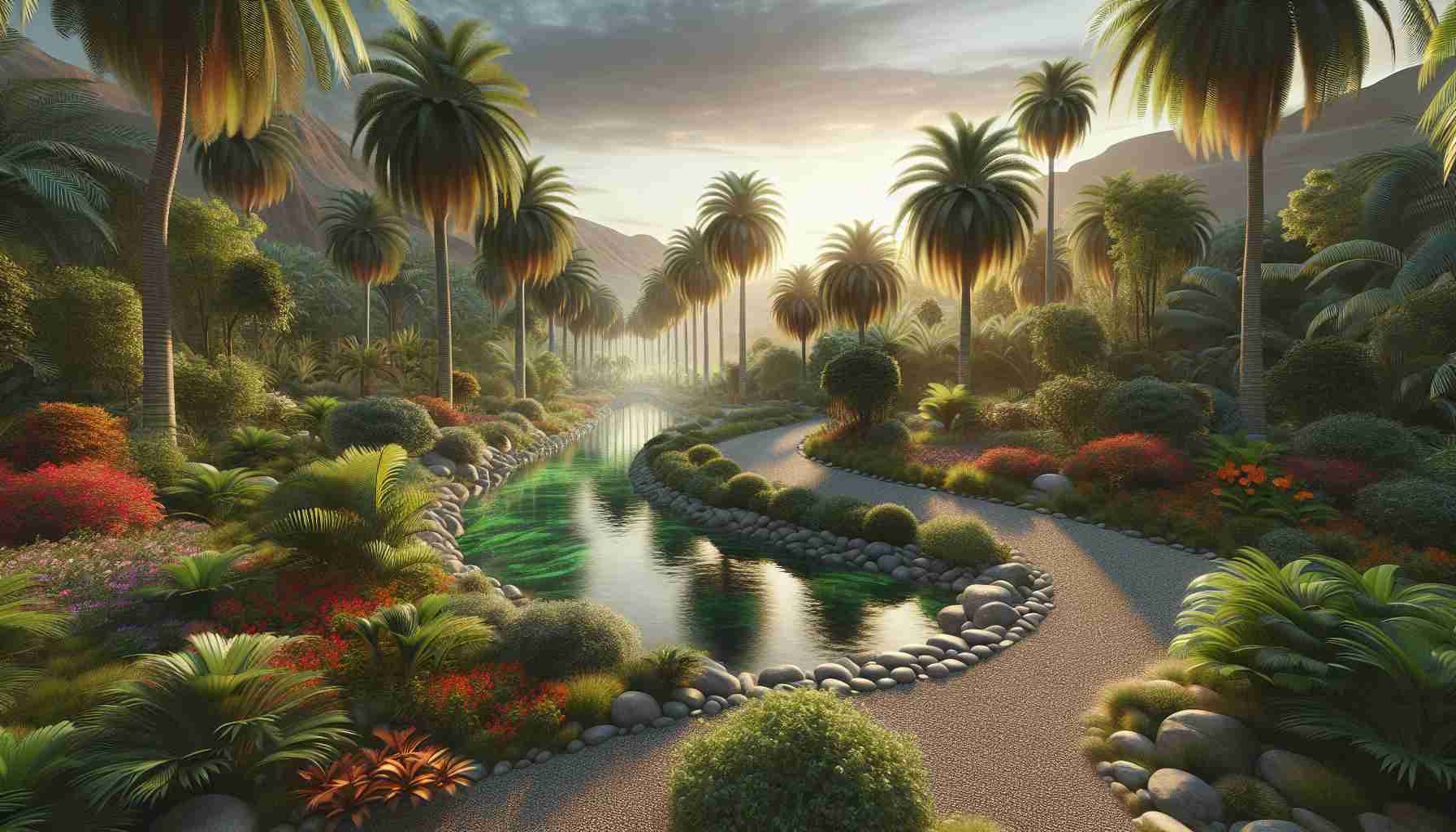 Generate a high-definition, lifelike image of a custom-designed oasis on the edge of a river. This enchanting oasis is rich with swaying palm trees, lush greenery, and vibrant flowers. Nestled amongst this verdant scenery flows a tranquil river, reflecting the sky above and enhancing the serene ambiance. Walking paths made of pebbles meander throughout, inviting visitors to explore the oasis and enjoy its calming atmosphere. The light of a setting sun casts a soft golden glow across the scene, adding to its charm and leaving viewers in awe of its beauty.