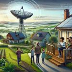 Realistically detailed High Definition image visually representing the concept of 'Revolutionizing Connectivity: Satellite Internet Benefits for Rural Communities'. Show a rural landscape with flourishing green farmlands and quaint, rustic houses. In the background, depict a towering satellite dish with visible waves emanating from it, symbolizing transmitting signals. A family of four, a Black father, a Hispanic mother, a Caucasian son, and an South Asian daughter, gathered on their porch, showing expressions of joy and awe as they are seemingly getting connected to the outside world through their laptop and smartphone screens, showcasing the internet connectivity.