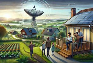 Realistically detailed High Definition image visually representing the concept of 'Revolutionizing Connectivity: Satellite Internet Benefits for Rural Communities'. Show a rural landscape with flourishing green farmlands and quaint, rustic houses. In the background, depict a towering satellite dish with visible waves emanating from it, symbolizing transmitting signals. A family of four, a Black father, a Hispanic mother, a Caucasian son, and an South Asian daughter, gathered on their porch, showing expressions of joy and awe as they are seemingly getting connected to the outside world through their laptop and smartphone screens, showcasing the internet connectivity.