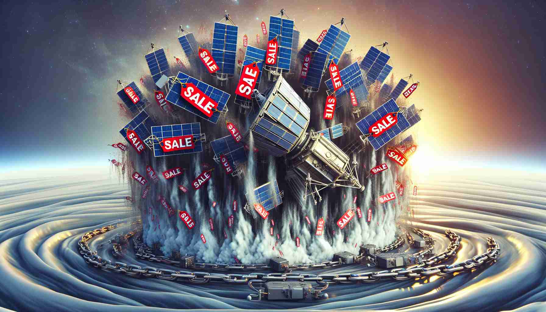 Generate a realistic high-definition portrayal illustrating the concept of a 'Shocking Satellite Sale Sending Tremors Through Supply Chain.' Imagine this as an image with a pile of modern satellites at a discounted symbolized by large red 'SALE' tags hanging on them. The effect this sale is having on the supply chain can be represented as ripples or waves emanating from the satellites and affecting the links of a chain metaphorically representing the supply chain.