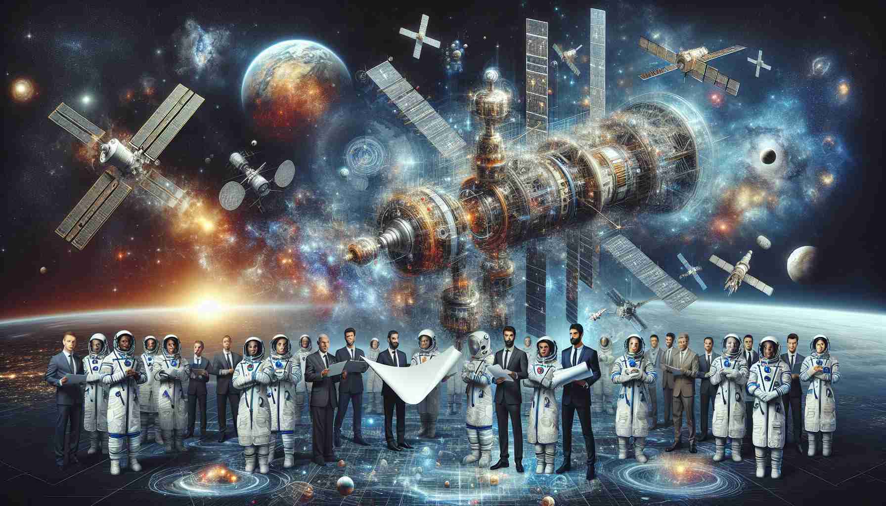 Highly detailed and realistic image outlining Innovation in European Space Exploration. It represents a New Era Ahead through the depiction of advanced scientific equipment, futuristic spacecraft, an array of satellites floating in outer space. Add detailed representations of planets and stars in the backgrounds giving a sense of deep space exploration. Also include a diverse and inclusive team of multiracial astronauts- Caucasian, Hispanic, Black, Middle-Eastern, and South Asian, with equal gender representation, holding blueprints of a new space station, a symbol of the pioneering work in space innovation.