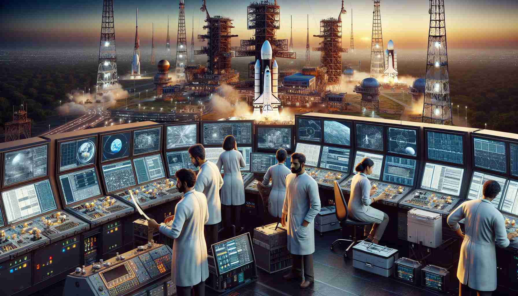 A realistic, high-definition image depicting the progress of India's Space Surveillance Project. The scene showcases advanced satellites being prepared for launch, with engineers of diverse genders and varied descent such as Caucasian, Black, Hispanic, South Asian, and Middle-Eastern. The ground control station is buzzing with activity, monitors display complex data and the skyline is highlighted by a twilight glow.