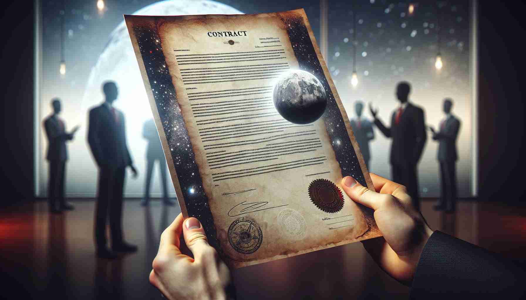 A high-resolution realistic image of a mysterious space contract worth billions of dollars being unveiled. The document is richly textured with fine print and seal marks. The background suggests a serene and serious atmosphere, enigmatically raising the question of what exactly is transpiring. Perhaps there are blurred figures of businesspeople in the background, enhancing the enigma and intrigue of the scene.