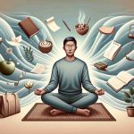 An illustrative representation of the theme 'Exploring the Benefits of Mindfulness in Everyday Life'. Imagine a tranquil setting, possibly a quiet room with subdued natural light filtering in. In the center, an Asian man sits cross-legged on a comfortable mat, his eyes gently closed; he exudes calmness. From around him emanate soft, gentle waves, suggesting inner harmony. Pictorial examples like notes, books, a healthy meal, a plant, workout gear, are scattered around, symbolizing diverse aspects of everyday life such as learning, healthy eating, nature, and fitness respectively. These items appear subtly clearer and brighter, indicating the enhanced perception and appreciation gained through mindfulness.