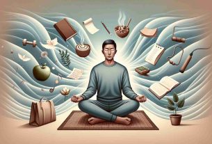 An illustrative representation of the theme 'Exploring the Benefits of Mindfulness in Everyday Life'. Imagine a tranquil setting, possibly a quiet room with subdued natural light filtering in. In the center, an Asian man sits cross-legged on a comfortable mat, his eyes gently closed; he exudes calmness. From around him emanate soft, gentle waves, suggesting inner harmony. Pictorial examples like notes, books, a healthy meal, a plant, workout gear, are scattered around, symbolizing diverse aspects of everyday life such as learning, healthy eating, nature, and fitness respectively. These items appear subtly clearer and brighter, indicating the enhanced perception and appreciation gained through mindfulness.