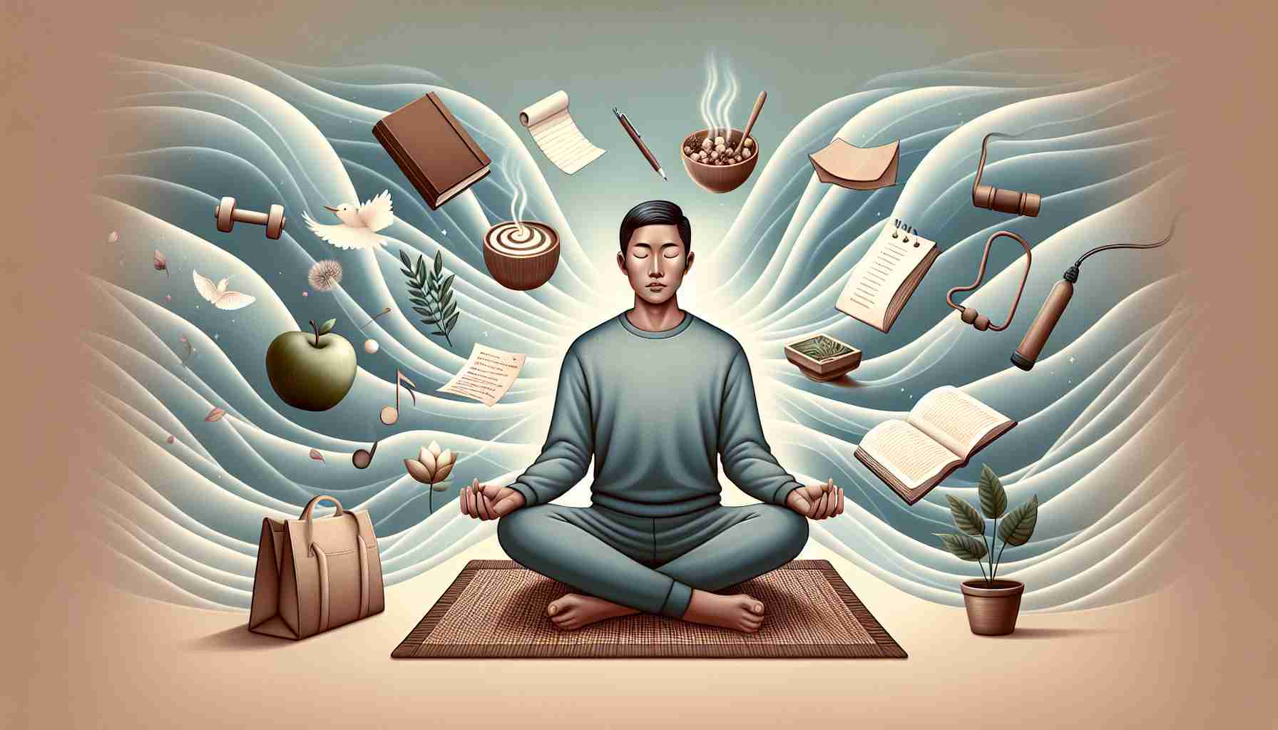 An illustrative representation of the theme 'Exploring the Benefits of Mindfulness in Everyday Life'. Imagine a tranquil setting, possibly a quiet room with subdued natural light filtering in. In the center, an Asian man sits cross-legged on a comfortable mat, his eyes gently closed; he exudes calmness. From around him emanate soft, gentle waves, suggesting inner harmony. Pictorial examples like notes, books, a healthy meal, a plant, workout gear, are scattered around, symbolizing diverse aspects of everyday life such as learning, healthy eating, nature, and fitness respectively. These items appear subtly clearer and brighter, indicating the enhanced perception and appreciation gained through mindfulness.