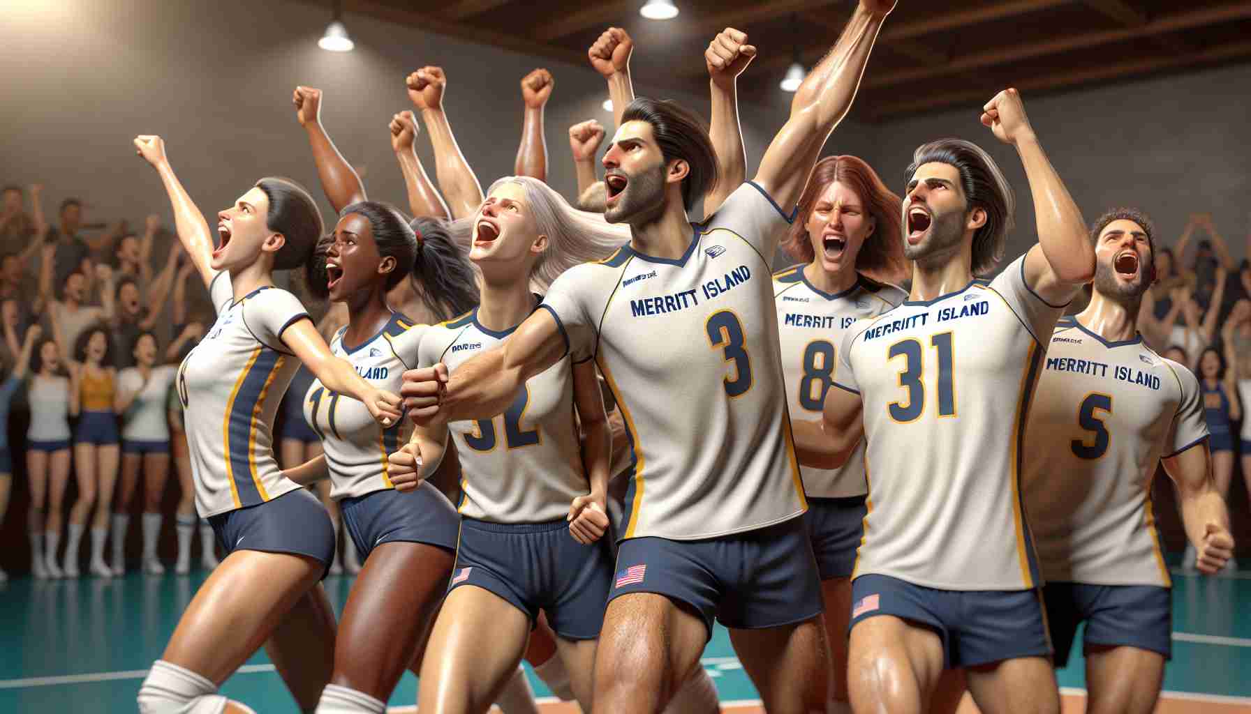 Realistic high-definition image of a momentous victory for Merritt Island's volleyball team illustrating their dominance. The scene depicts jubilation, with team members of diverse descents and genders. Emotions of triumph are clearly visible and tangible in their expressions and body language, as they celebrate their incredible achievement in the world of volleyball.