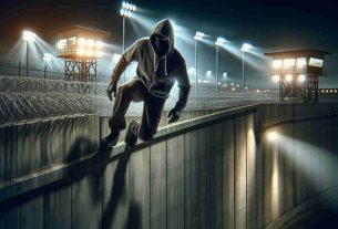 High-definition image of an infamous yet unidentified criminal as they successfully perform an audacious escape from a maximum-security prison. Visualize the scene as tense and heightened, as it includes the prison walls, the criminal making their way over the walls under the cover of night, spotlights sweeping the area, and guard towers. The criminal's features are hidden under a mask and hood, making their specific identity unrecognizable.