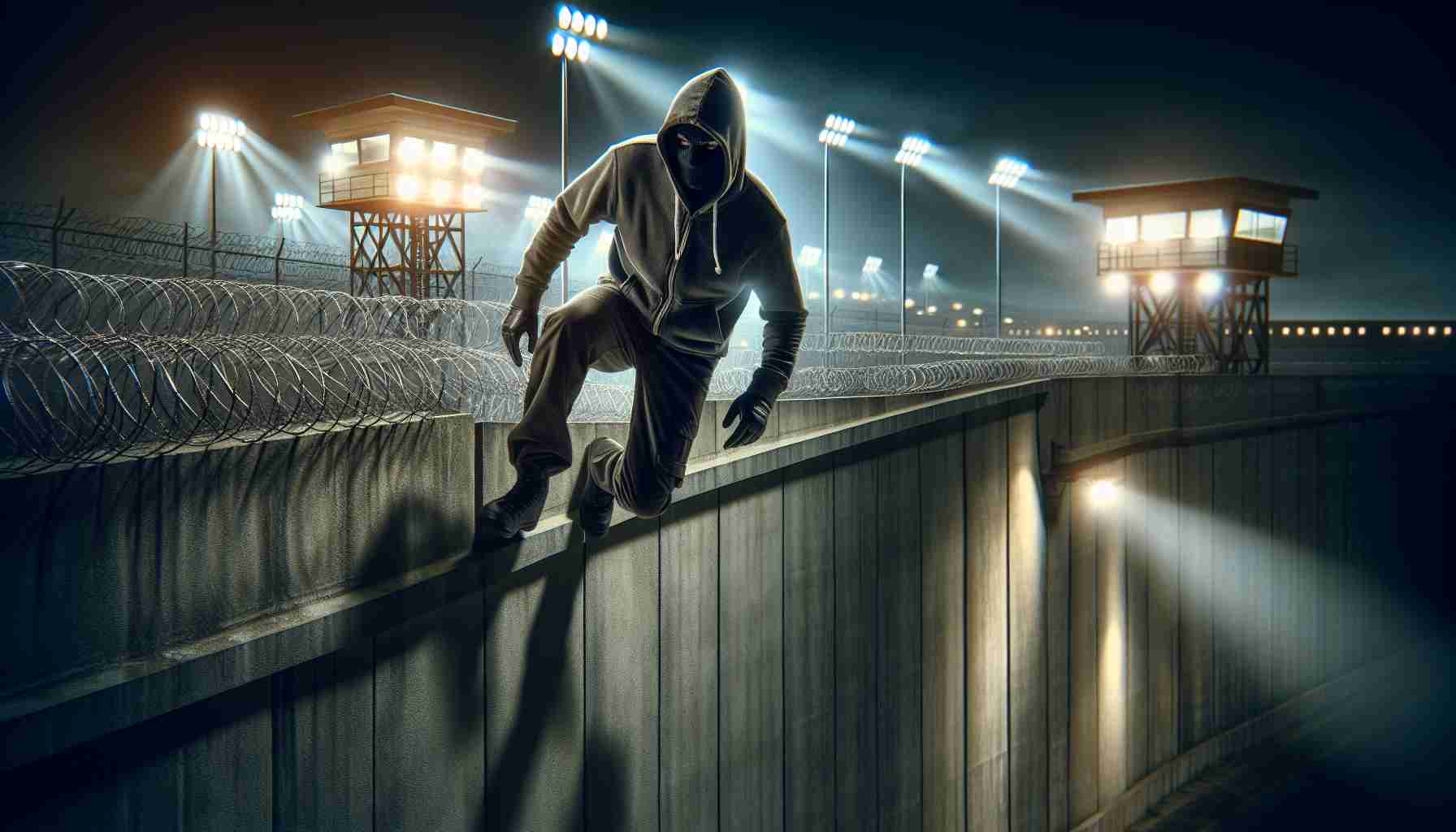 High-definition image of an infamous yet unidentified criminal as they successfully perform an audacious escape from a maximum-security prison. Visualize the scene as tense and heightened, as it includes the prison walls, the criminal making their way over the walls under the cover of night, spotlights sweeping the area, and guard towers. The criminal's features are hidden under a mask and hood, making their specific identity unrecognizable.