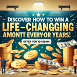 Create a realistic and high-resolution image featuring a large promotional banner with bold, enticing text that reads 'Discover How to Win a Life-Changing Amount Every Month for Years.' The banner should contain graphical elements such as shining coins, stacks of cash, and a happy individual who just won the jackpot. Make sure the image conveys a feeling of excitement and curiosity.