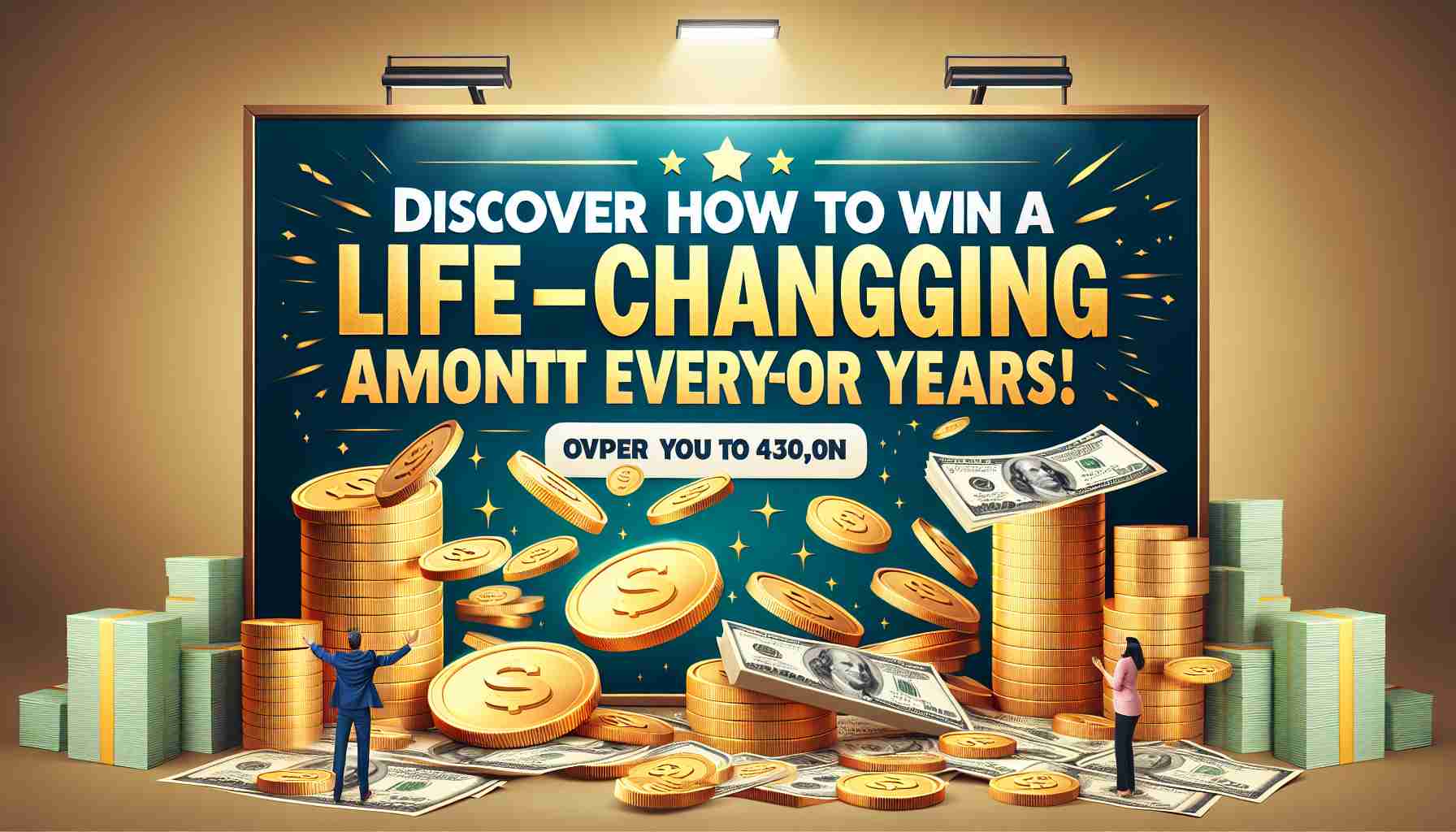 Create a realistic and high-resolution image featuring a large promotional banner with bold, enticing text that reads 'Discover How to Win a Life-Changing Amount Every Month for Years.' The banner should contain graphical elements such as shining coins, stacks of cash, and a happy individual who just won the jackpot. Make sure the image conveys a feeling of excitement and curiosity.