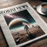 High definition realistic image of headlines in a newspaper presenting exciting news from the frontier of space exploration. The paper lies on a wooden table with a cup of coffee next to it. The headline text is bold and captivating, and there is a large, detailed photo accompanying the news article. The photo shows an astronaut planting a flag on a distant alien planet against a backdrop of a starry sky.