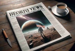 High definition realistic image of headlines in a newspaper presenting exciting news from the frontier of space exploration. The paper lies on a wooden table with a cup of coffee next to it. The headline text is bold and captivating, and there is a large, detailed photo accompanying the news article. The photo shows an astronaut planting a flag on a distant alien planet against a backdrop of a starry sky.