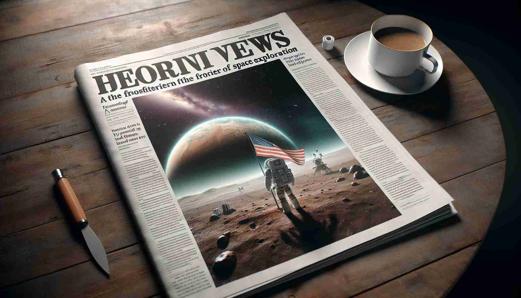 High definition realistic image of headlines in a newspaper presenting exciting news from the frontier of space exploration. The paper lies on a wooden table with a cup of coffee next to it. The headline text is bold and captivating, and there is a large, detailed photo accompanying the news article. The photo shows an astronaut planting a flag on a distant alien planet against a backdrop of a starry sky.