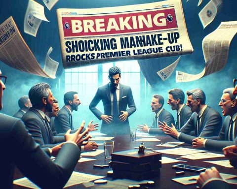 Create a high-definition, realistic image depicting a shocking managerial shake-up in a Premier League football club. The composition should include the club's emblem, a newspaper headline reading 'Breaking: Shocking Managerial Shake-Up Rocks Premier League Club!', and provide a sense of tension and shock. The atmosphere should feel heavy with intense discussions among club management in the background.