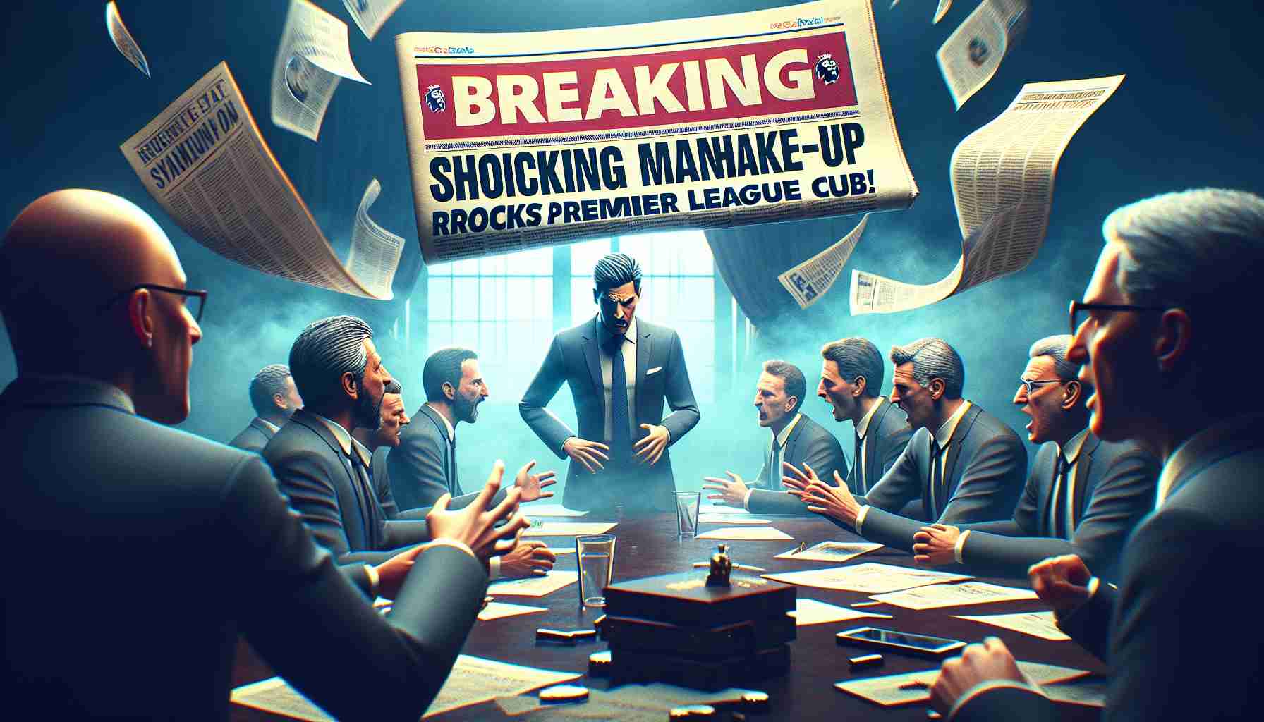 Create a high-definition, realistic image depicting a shocking managerial shake-up in a Premier League football club. The composition should include the club's emblem, a newspaper headline reading 'Breaking: Shocking Managerial Shake-Up Rocks Premier League Club!', and provide a sense of tension and shock. The atmosphere should feel heavy with intense discussions among club management in the background.