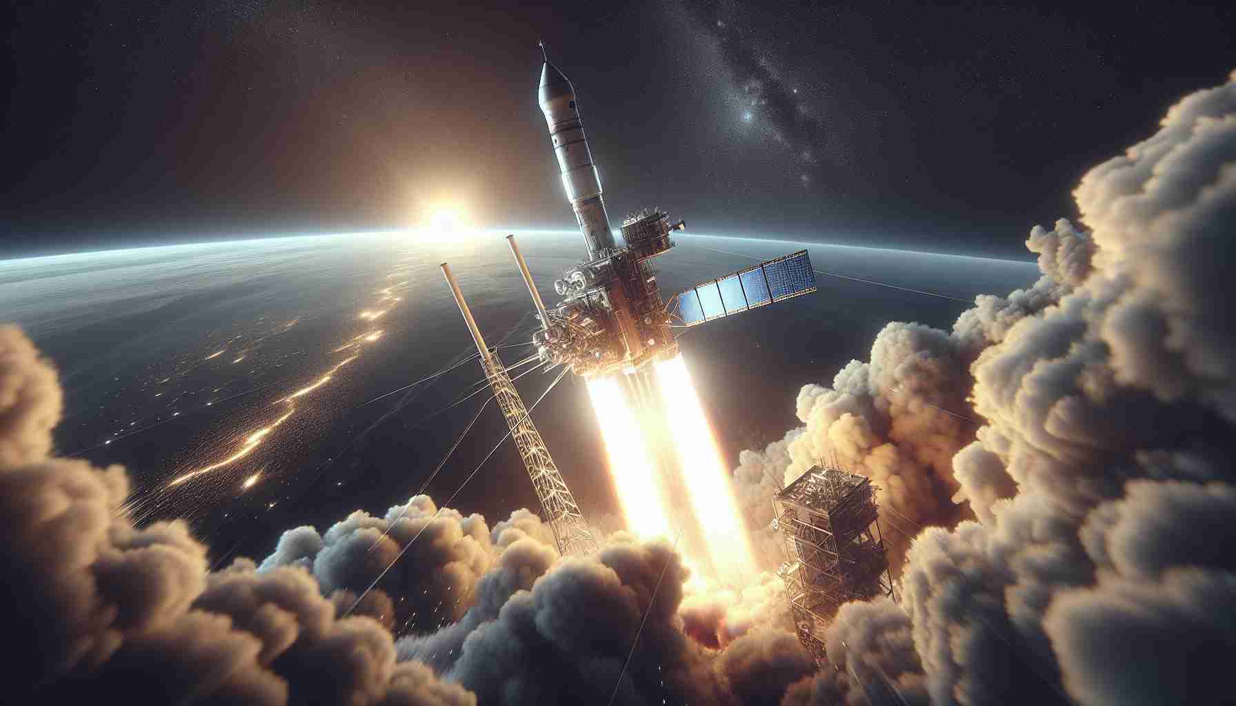 Render a realistic, high definition image that illustrates an exhilarating scene of a space mission. The focus of the mission is the action-packed launch of revolutionary communication satellites. The scene should be brimming with anticipation as the rocket, which carries the cutting-edge satellites, pushes off from earth into the boundless space. Details to include could be the ignition, the take-off trail, and the contrast between the man-made machinery in motion and the vast expanse of the cosmos.