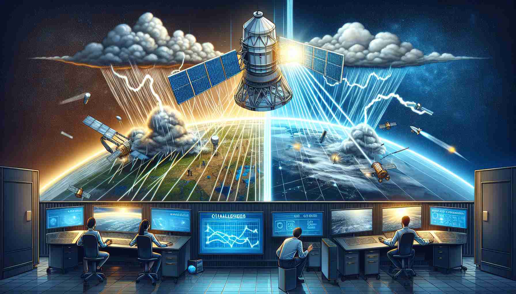 Create an HD illustration that depicts the concepts of challenges and opportunities in the field of satellite-based communication services. In the scene, visualize a large, modern satellite hovering above the Earth's surface, using beams of light to signify the communication paths. Show two scenarios: One half of the scene should display stormy weather interfering with the signals, representing the challenges. The other half should display crystal clear skies, with signals flowing smoothly, signifying opportunities. Include elements like technicians of Caucasian and Middle-Eastern descent, one female and one male, respectively, working on large monitors showing data transmission.