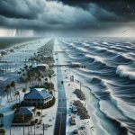 High-definition realistic image of the Florida Gulf Coast preparing for a powerful storm surge. The image should depict turbulent sea waters ominously encroaching on the coast under dark stormy skies. Distant properties and infrastructure appear poised for the incoming tide while local residents might be seen securing their homes and properties in anticipation. The atmosphere should be heavy with the tension of the approaching storm, with wind-blown palm trees and seagulls struggling against the gusts.