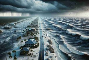 High-definition realistic image of the Florida Gulf Coast preparing for a powerful storm surge. The image should depict turbulent sea waters ominously encroaching on the coast under dark stormy skies. Distant properties and infrastructure appear poised for the incoming tide while local residents might be seen securing their homes and properties in anticipation. The atmosphere should be heavy with the tension of the approaching storm, with wind-blown palm trees and seagulls struggling against the gusts.