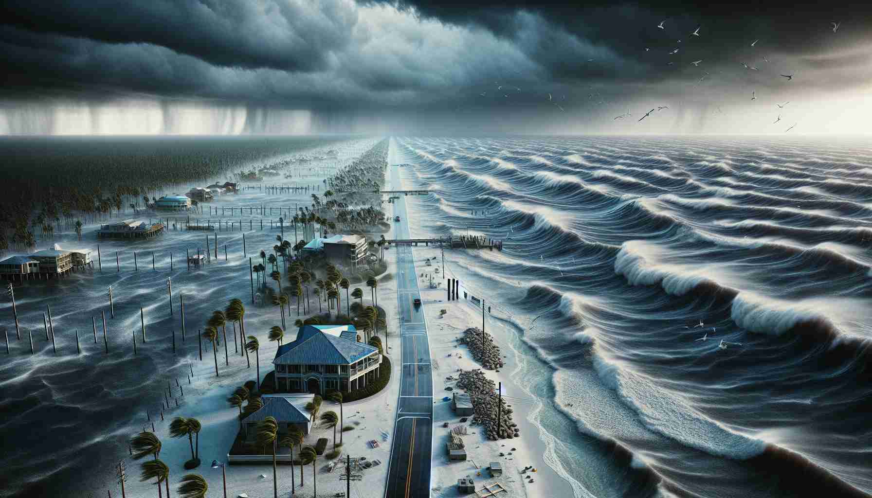 High-definition realistic image of the Florida Gulf Coast preparing for a powerful storm surge. The image should depict turbulent sea waters ominously encroaching on the coast under dark stormy skies. Distant properties and infrastructure appear poised for the incoming tide while local residents might be seen securing their homes and properties in anticipation. The atmosphere should be heavy with the tension of the approaching storm, with wind-blown palm trees and seagulls struggling against the gusts.