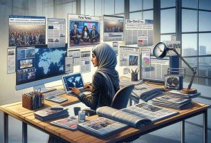 Generate a high-definition, realistic image of a person exploring alternative options to stay updated with current affairs. Illustrated should be a Middle-Eastern woman sitting at a modern workspace, engaging with multiple sources of information. She has online articles on her laptop, a newspaper spread out, a news app on her tablet, and a live news channel on a screen. A radio broadcasting news, a pile of magazines, and some books about geopolitics are also present. The atmosphere should be calm and focused.