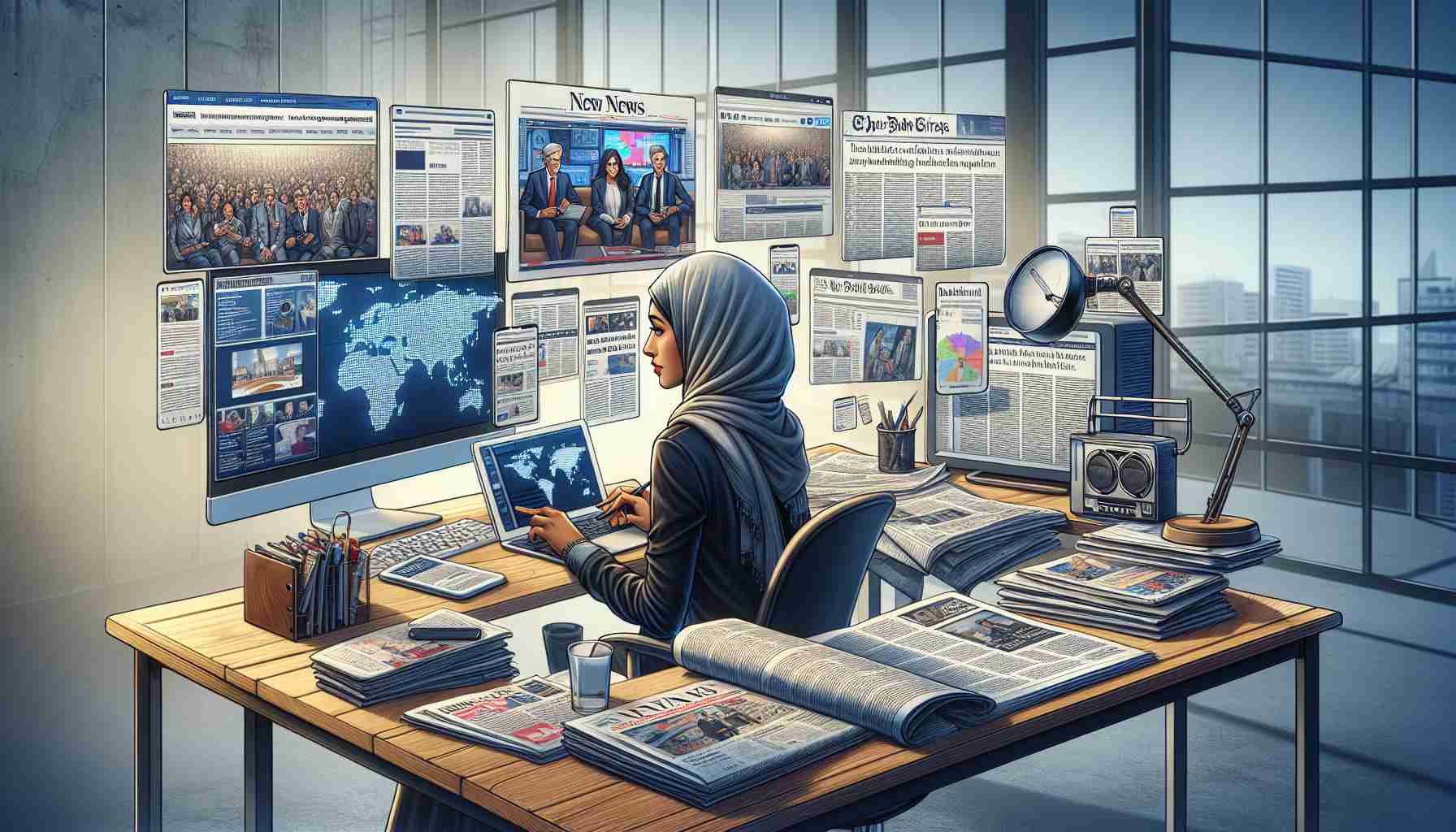 Generate a high-definition, realistic image of a person exploring alternative options to stay updated with current affairs. Illustrated should be a Middle-Eastern woman sitting at a modern workspace, engaging with multiple sources of information. She has online articles on her laptop, a newspaper spread out, a news app on her tablet, and a live news channel on a screen. A radio broadcasting news, a pile of magazines, and some books about geopolitics are also present. The atmosphere should be calm and focused.