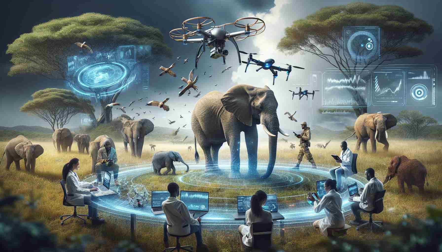 High resolution, realistic photo capturing the influence of cutting-edge technology on wildlife conservation efforts. Picture a scene where innovative gadgets like tracking collars on elephants and drones flying overhead are used to monitor and protect endangered species. Meanwhile, scientists of diverse descents and genders are interacting with these tech tools, adjusting settings, receiving data and strategizing conservation plans. The tech-infused wilderness is abuzz with progress and promise.