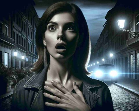 A high-definition, realistic photograph depiction of a scene titled 'Mysterious Night'. It shows a woman who's an actress, her descent and facial features are unclear due to the shadowy light. She's in the middle of a shocking encounter. The background reveals a visage of night with elements of mystery such as dim streetlights, long shadows, and empty streets. Her expressions are filled with surprise, but the exact reason for her shock isn't provided, fostering further intrigue.