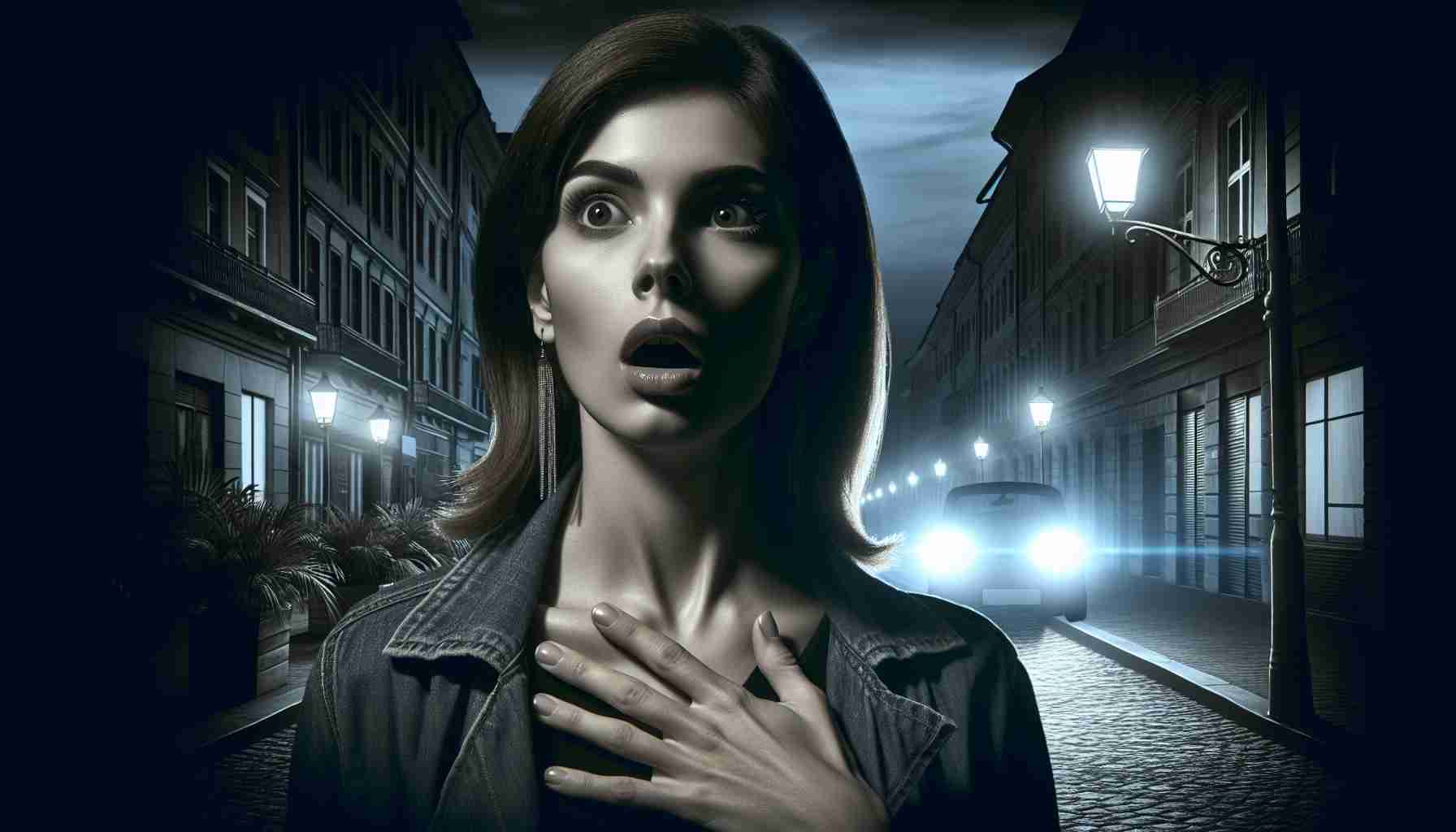 A high-definition, realistic photograph depiction of a scene titled 'Mysterious Night'. It shows a woman who's an actress, her descent and facial features are unclear due to the shadowy light. She's in the middle of a shocking encounter. The background reveals a visage of night with elements of mystery such as dim streetlights, long shadows, and empty streets. Her expressions are filled with surprise, but the exact reason for her shock isn't provided, fostering further intrigue.