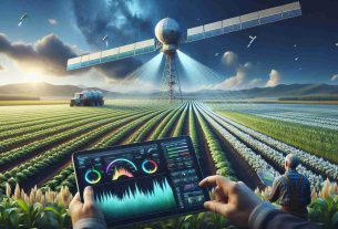 A highly detailed, realistic image representing the revolutionization of agriculture through advanced satellite technology. In the mid-ground, portray farming fields flourishing under precise irrigation, aided by pinpoint satellite data. The foreground should show farmers looking at a digital device that displays multi-color indications of soil health and water levels, symbolizing the use of technology in farm management. High in the sky, a realistic satellite disseminates streams of data towards the farming field and the farmers' device. The background showcases a blue sky with a few white clouds.