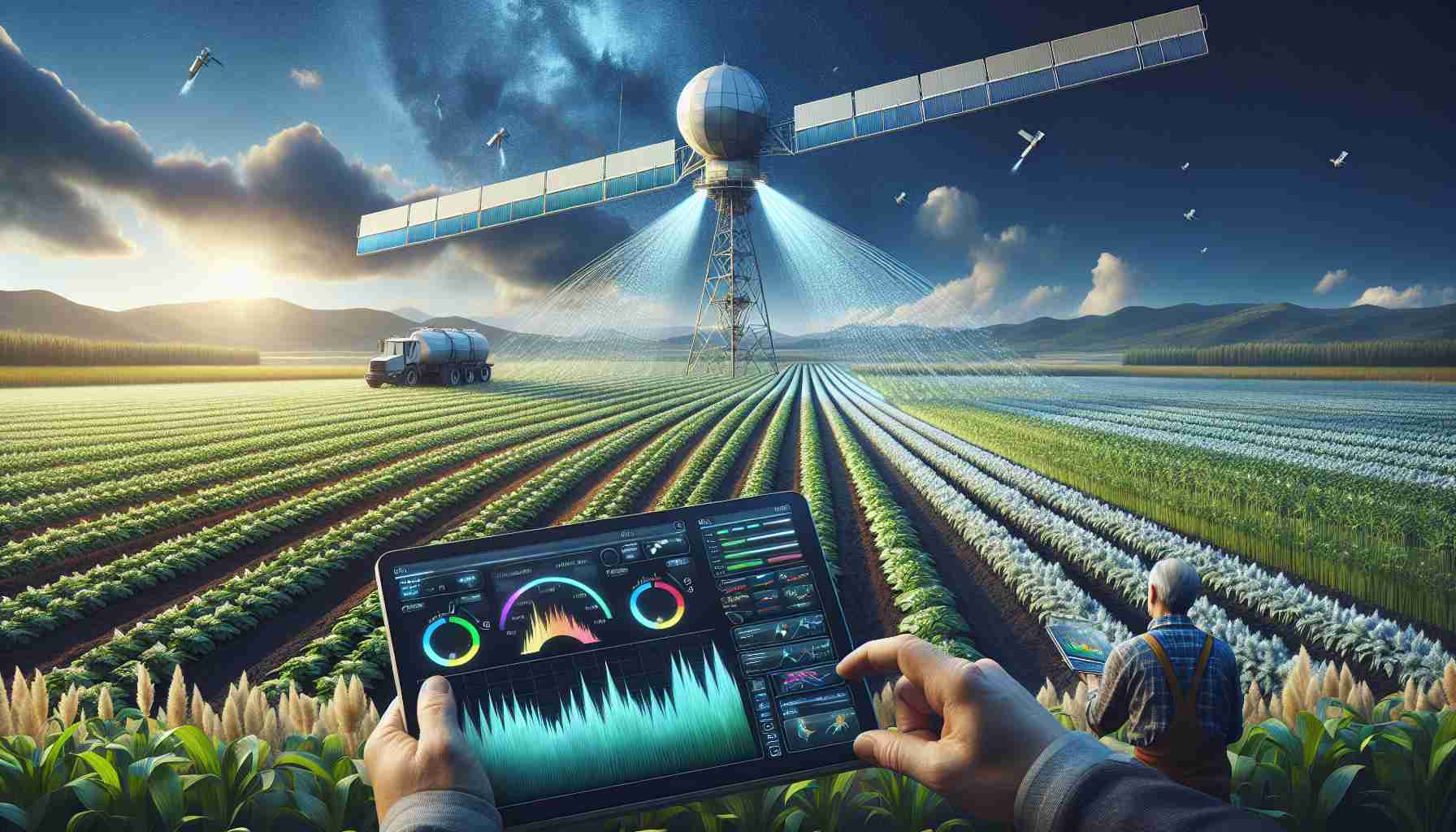 A highly detailed, realistic image representing the revolutionization of agriculture through advanced satellite technology. In the mid-ground, portray farming fields flourishing under precise irrigation, aided by pinpoint satellite data. The foreground should show farmers looking at a digital device that displays multi-color indications of soil health and water levels, symbolizing the use of technology in farm management. High in the sky, a realistic satellite disseminates streams of data towards the farming field and the farmers' device. The background showcases a blue sky with a few white clouds.