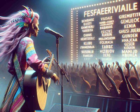 A high definition, realistic image depicting a creative artist performing at a festival. The atmosphere is filled with energy and anticipation. In the background, the names of a variety of gender-diverse music performers are revealed on the festival banner, symbolizing and celebrating a breakthrough in gender norms and barriers in the music industry. This artist is adorned in a vibrant festival attire, her charisma and performing skills captivating the crowd.