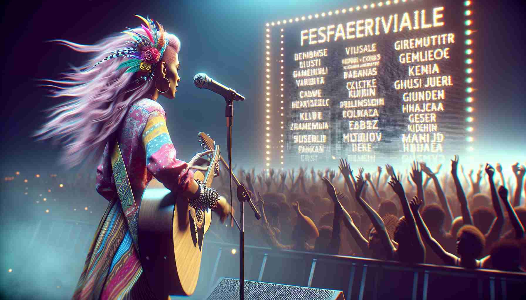 A high definition, realistic image depicting a creative artist performing at a festival. The atmosphere is filled with energy and anticipation. In the background, the names of a variety of gender-diverse music performers are revealed on the festival banner, symbolizing and celebrating a breakthrough in gender norms and barriers in the music industry. This artist is adorned in a vibrant festival attire, her charisma and performing skills captivating the crowd.