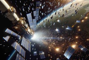 High-definition realistic image of a space tech company successfully deploying a latest batch of network-enhancing satellites. This scene captures the intense moment as the multitude of satellites, streaked with gleaming metallic hues, are released into space from the massive launch vehicle. The profound depth of space forms the backdrop while Earth's majestic curve peeks onto one side. Visualize the satellites moving away, their solar panels unfolding, ready to strengthen the network capabilities from space.