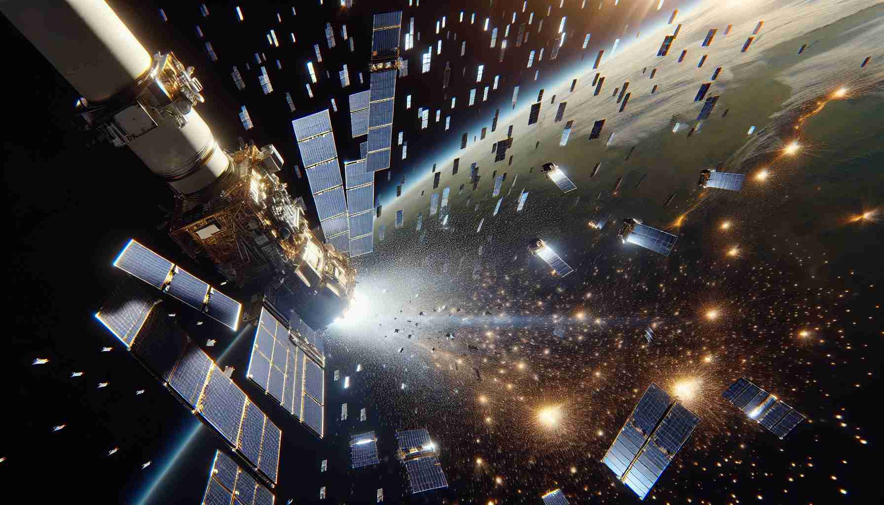 High-definition realistic image of a space tech company successfully deploying a latest batch of network-enhancing satellites. This scene captures the intense moment as the multitude of satellites, streaked with gleaming metallic hues, are released into space from the massive launch vehicle. The profound depth of space forms the backdrop while Earth's majestic curve peeks onto one side. Visualize the satellites moving away, their solar panels unfolding, ready to strengthen the network capabilities from space.