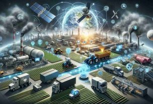 A high-definition, realistic illustration visualizing the impact and revolution of Satellite IoT connectivity in a variety of industries. The scene includes examples of different industries like agriculture, healthcare, transportation, and manufacturing. Represent each industry with appropriate symbols. For agriculture, display satellite-connected tractors and IoT sensors monitoring crop conditions. In healthcare, show wearable devices transmitting data to satellites. For transportation, illustrate GPS-enabled trucks and ships. Lastly, for manufacturing, depict assembly lines with IoT-controlled machinery. Make sure to include a visual representation of satellites orbiting Earth, receiving and transmitting information to these diverse sectors.