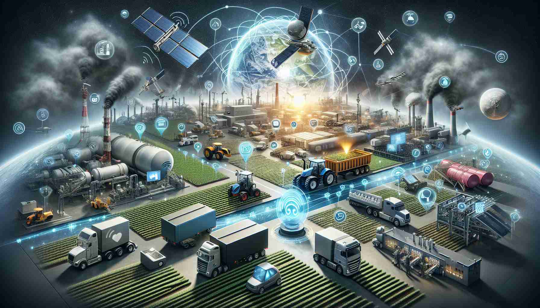 A high-definition, realistic illustration visualizing the impact and revolution of Satellite IoT connectivity in a variety of industries. The scene includes examples of different industries like agriculture, healthcare, transportation, and manufacturing. Represent each industry with appropriate symbols. For agriculture, display satellite-connected tractors and IoT sensors monitoring crop conditions. In healthcare, show wearable devices transmitting data to satellites. For transportation, illustrate GPS-enabled trucks and ships. Lastly, for manufacturing, depict assembly lines with IoT-controlled machinery. Make sure to include a visual representation of satellites orbiting Earth, receiving and transmitting information to these diverse sectors.